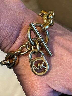 Michael Kors Gold Tone Link Bracelet with MK Padlock Charm